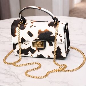 Stylish Cow Print Women's Bag with Gold Chain